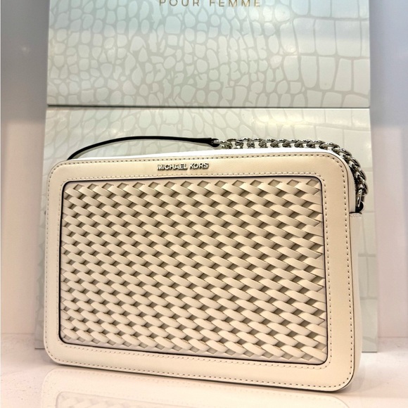 Michael Kors Jet Set Large Woven Crossbody Bag Optic White - Picture 2 of 10
